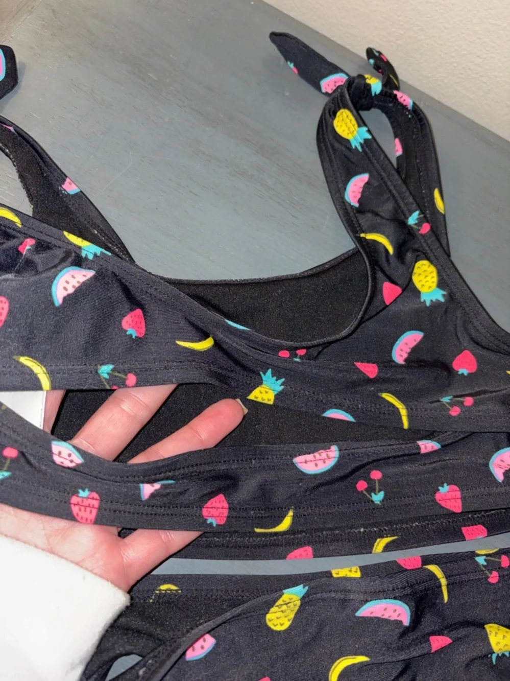 Old Navy Black Bikini Set with Fruit Detail Printed Tie-Shoulder Bikini sz Y XL